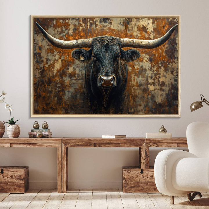 The Longhorn Texas Cow Bull Wall Art canvas print showcases rustic farmhouse decor.