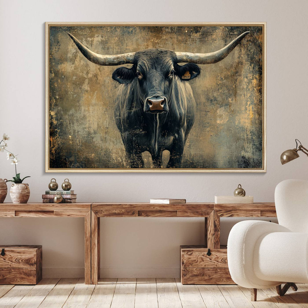 The Longhorn Bull Canvas Print features a bull with prominent horns facing forward, depicted in abstract Texas Western art style.