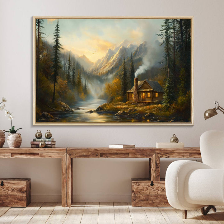 A cozy Wood Cabin Retreat Mountain at Sunset Wall Art features a serene forest and river landscape with smoke rising on a canvas print.