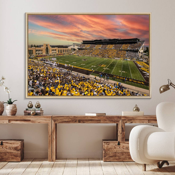 Capture the essence of a packed War Memorial Stadium at sunset with the Cowboys Football Canvas Print, highlighting fans cheering in yellow.