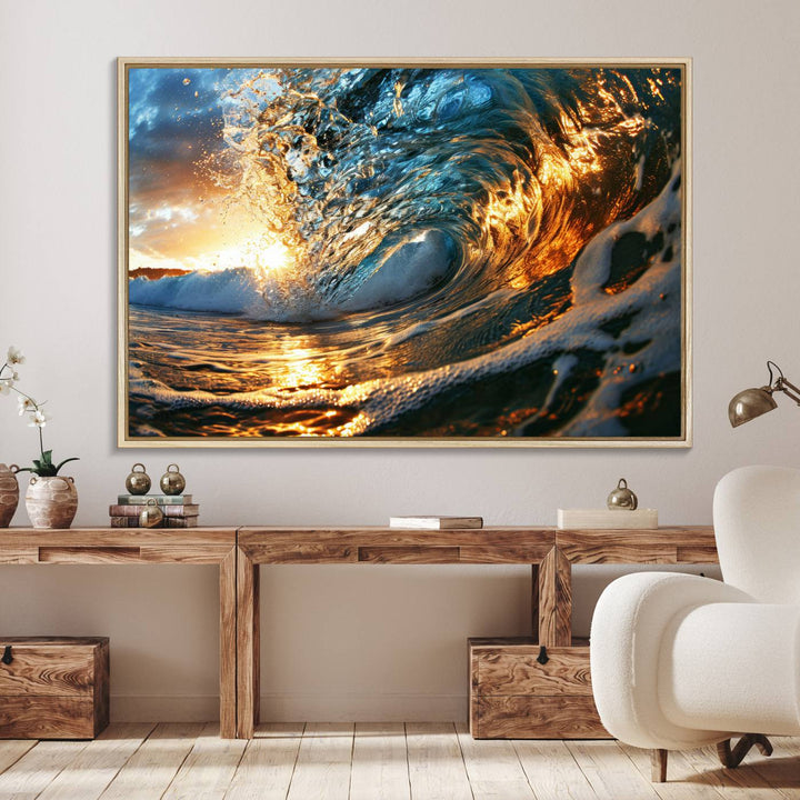 The Ocean Wave at Sunset canvas captures fiery waves with golden and blue hues, making it a perfect addition to nautical-themed decor.