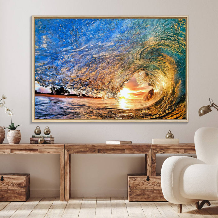 The Ocean Wave at Sunset Canvas Art captures vibrant coastal colors, perfect for nautical decor.