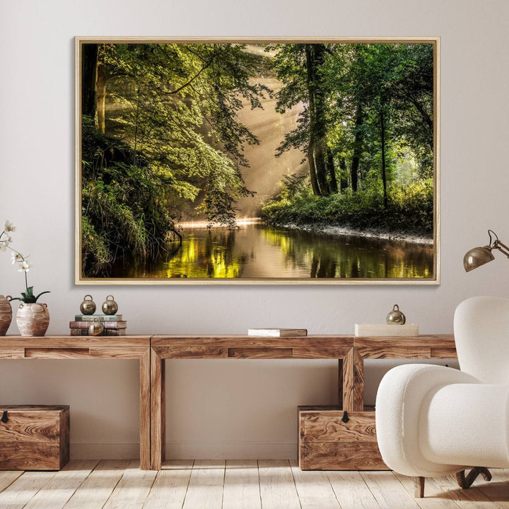 Forest Wall Art Print: A river landscape bathed in sunlight, perfect for rustic decor or as wall art for farmhouses and cabins.