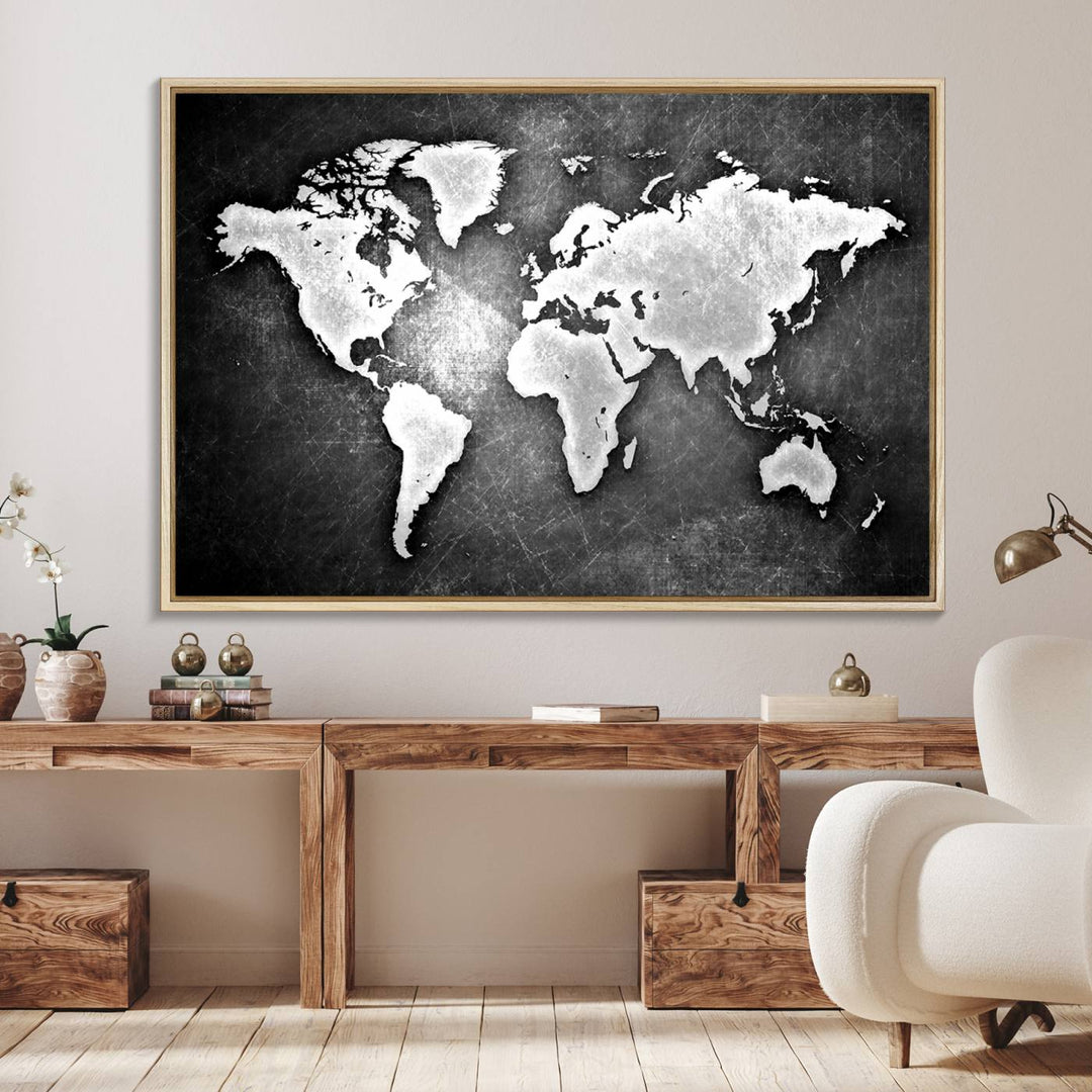 Black & White 3-Panel Framed World Map Canvas Art with Grunge Design.