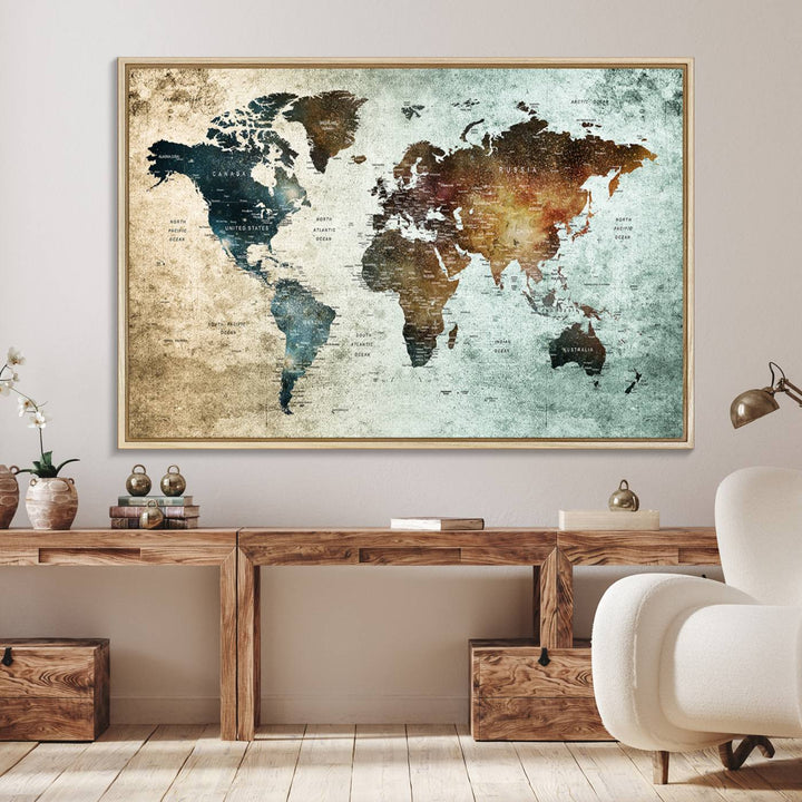 The Push Pin World Map Canvas Print serves as an ideal piece of wall art for travel lovers, showcasing vibrant colors and intricate details.