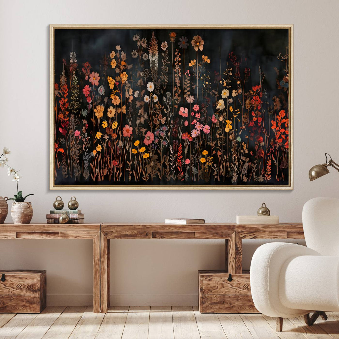 A large wildflower painting print on canvas featuring a colorful floral illustration, perfect as botanical decor for a stylish home.