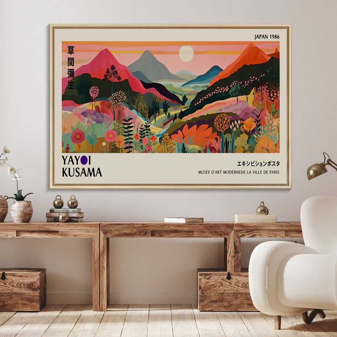 A vibrant abstract landscape by Yayoi Kusama adorns a Wabi Sabi ready-to-hang canvas print, featuring mountains and flowers.