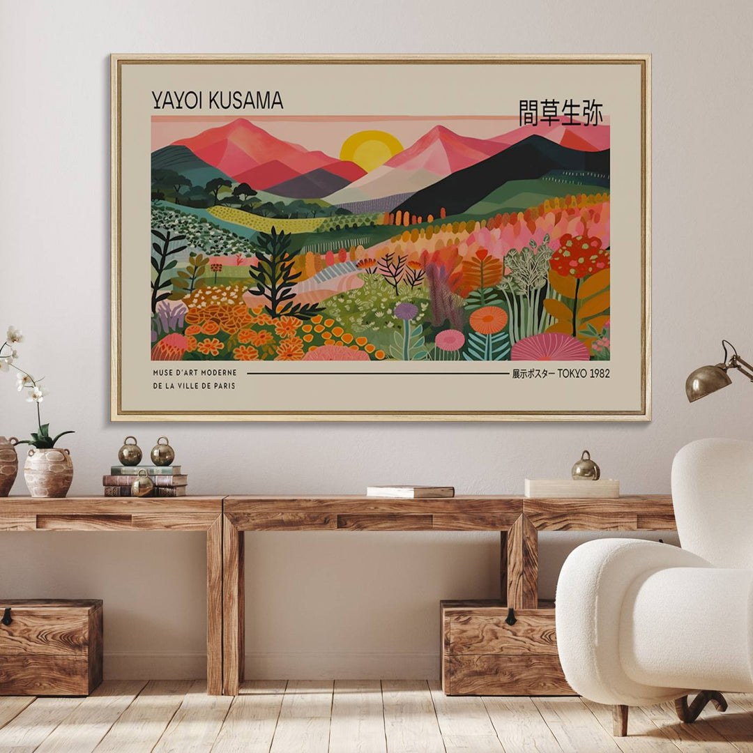 A vibrant abstract triptych features mountains, a sun, and plants in Yayoi Kusamas style with Japanese and French text included.