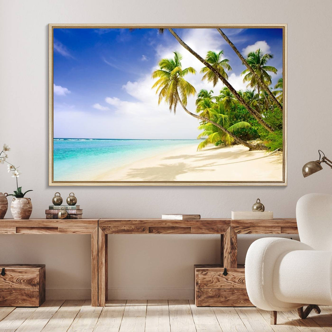 Tropical Beach Canvas: Palm Trees & White Sand Shore Decor, Vibrant Coastal Print, Ready to Hang.