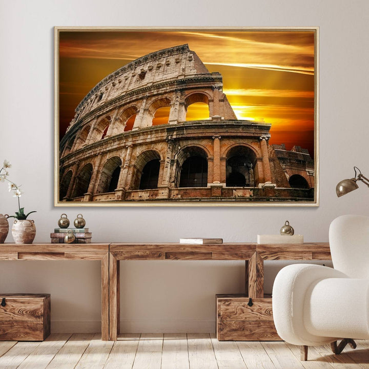 On the wall, theres a piece of art titled Colosseum with Yellow Sunset Behind, Italy.