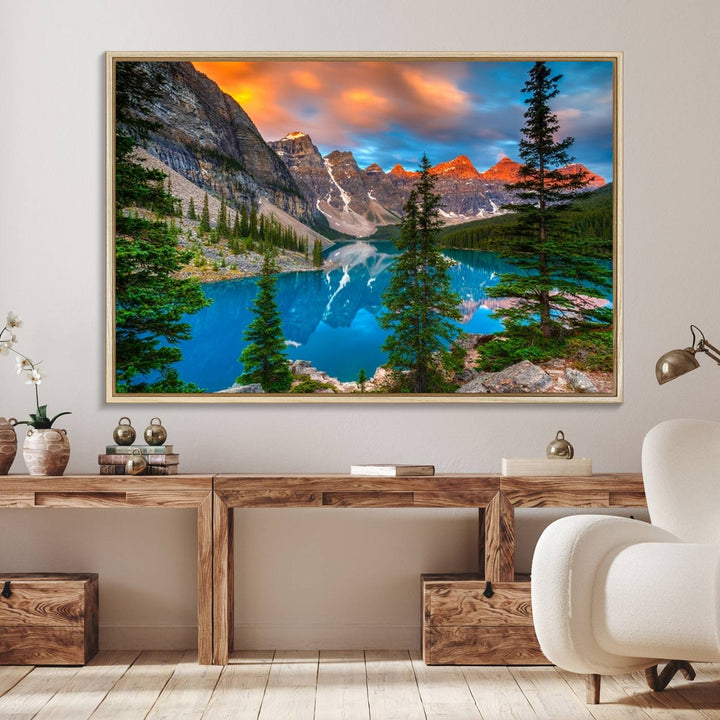 A kitchen featuring a Canadian Rockies Moraine Lake Wall Art Canvas Print displayed on the wall.