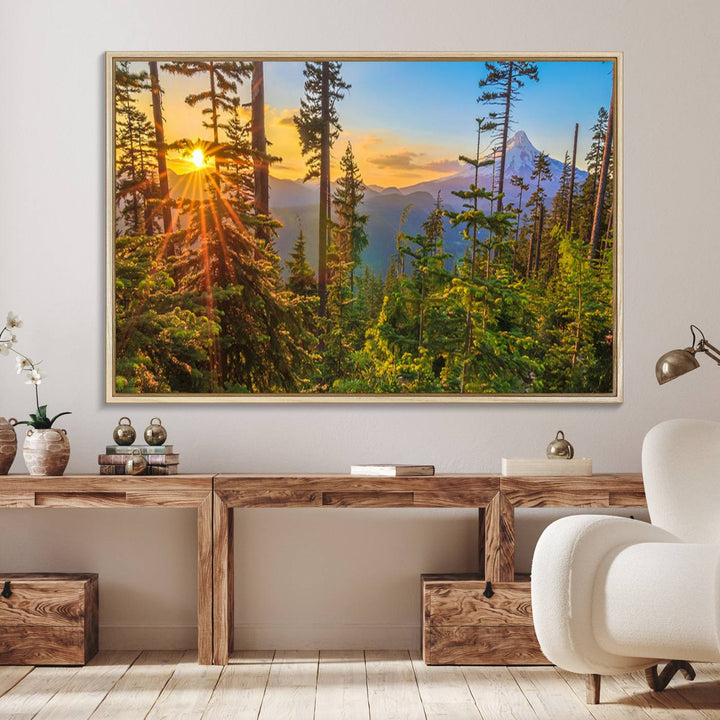 The kitchen features a Red Leaves on Trees landscape canvas print, perfect for nature lovers.