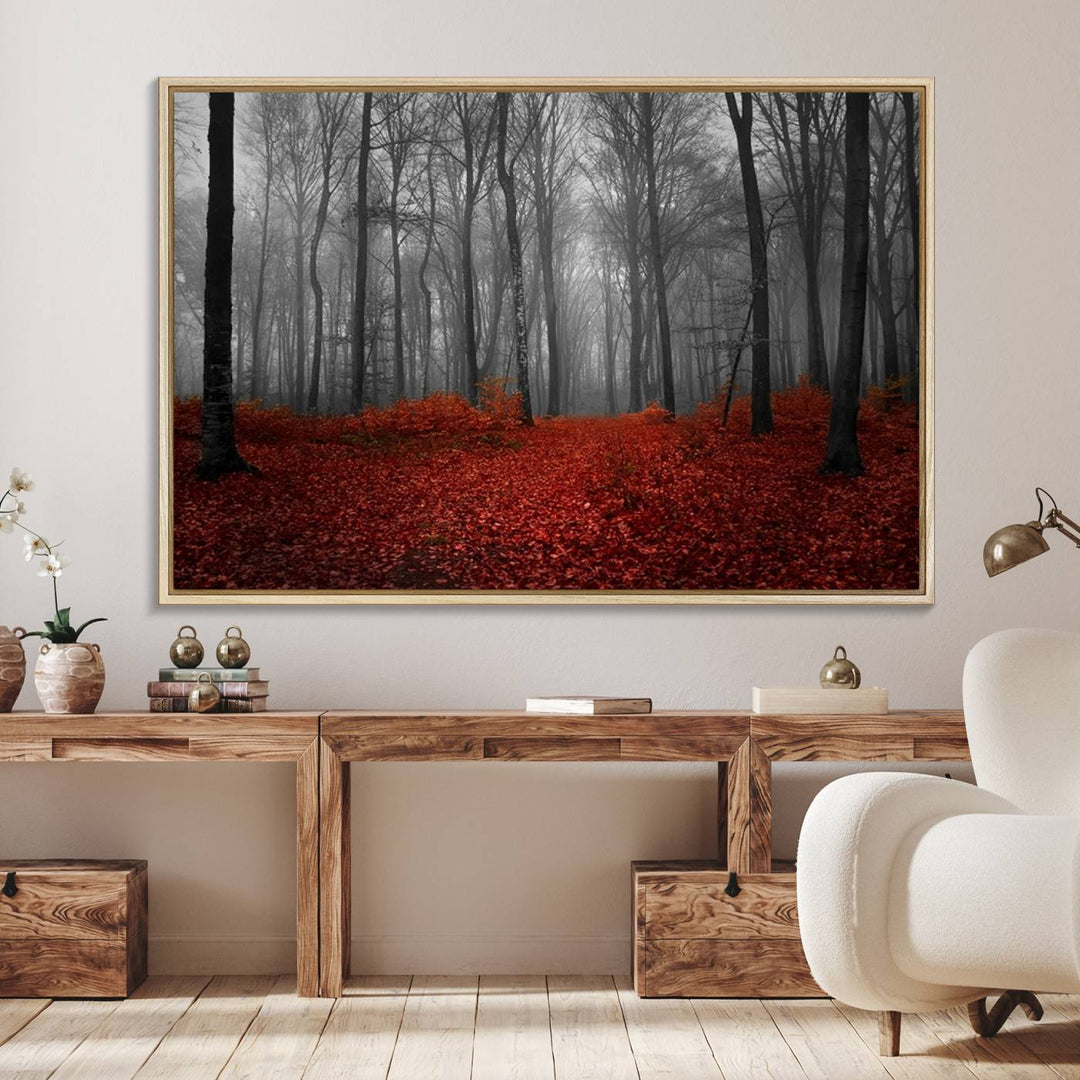 A large, museum-quality canvas print titled Wonderful Forest with Red Leaves.