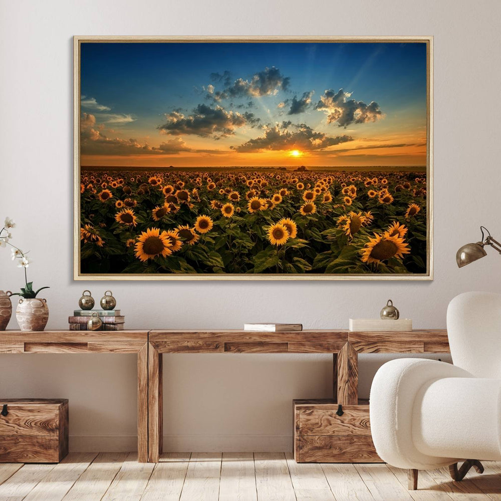 The dining area features the Sunflower Field Sunset Wall Art Canvas Print.