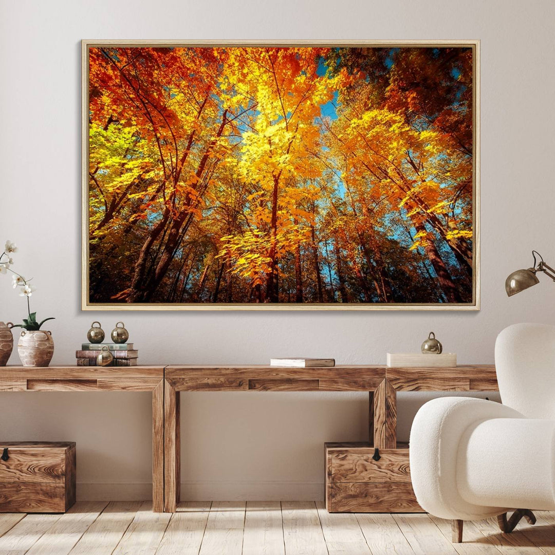 Forest View at Fall Wall Art hangs prominently, showcasing its beauty.