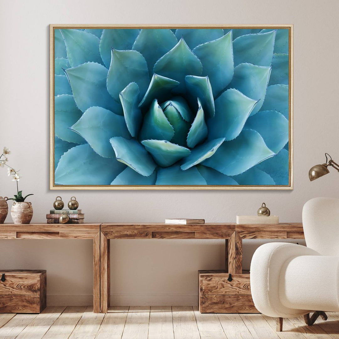 The Large Agave Succulent Canvas Wall Art is displayed on the wall.