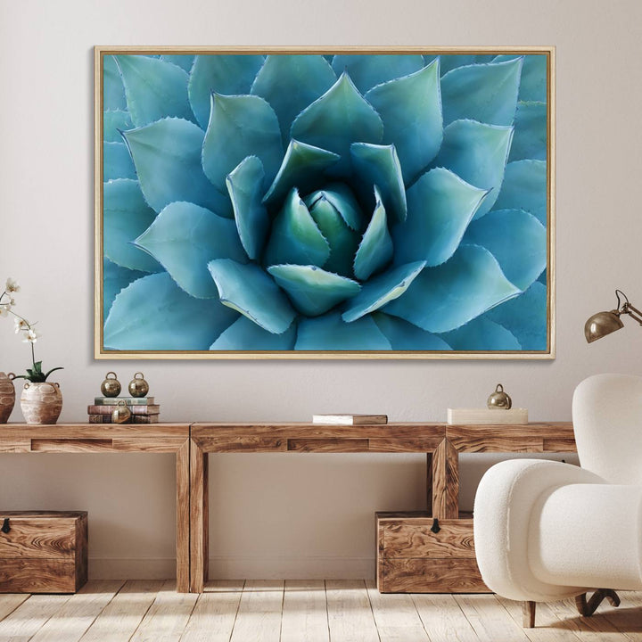 The Large Agave Succulent Canvas Wall Art is displayed on the wall.