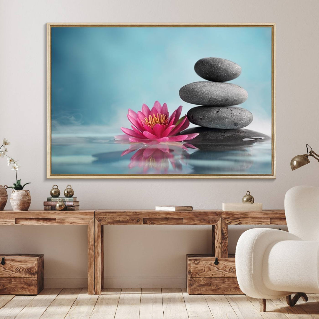 The dining room features a Zen Serenity Triptych wall art, showcasing a calming depiction of lotus flowers and balancing stones.