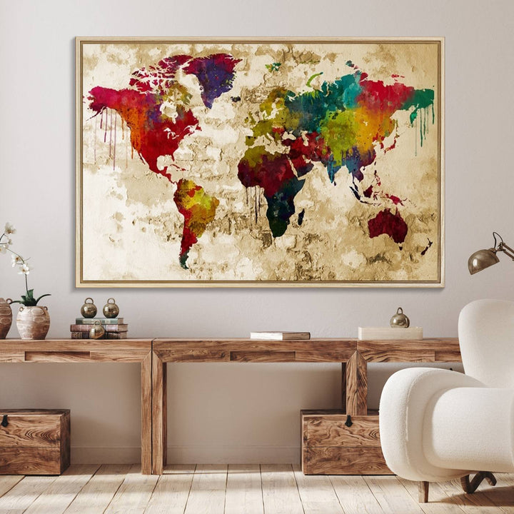 The Rainbow Colored Vintage World Map Canvas Print decorates the room.