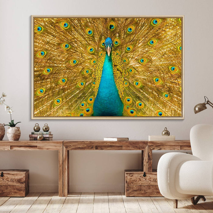 The Peacock Wall Art Canvas Print adorns a bright wall.