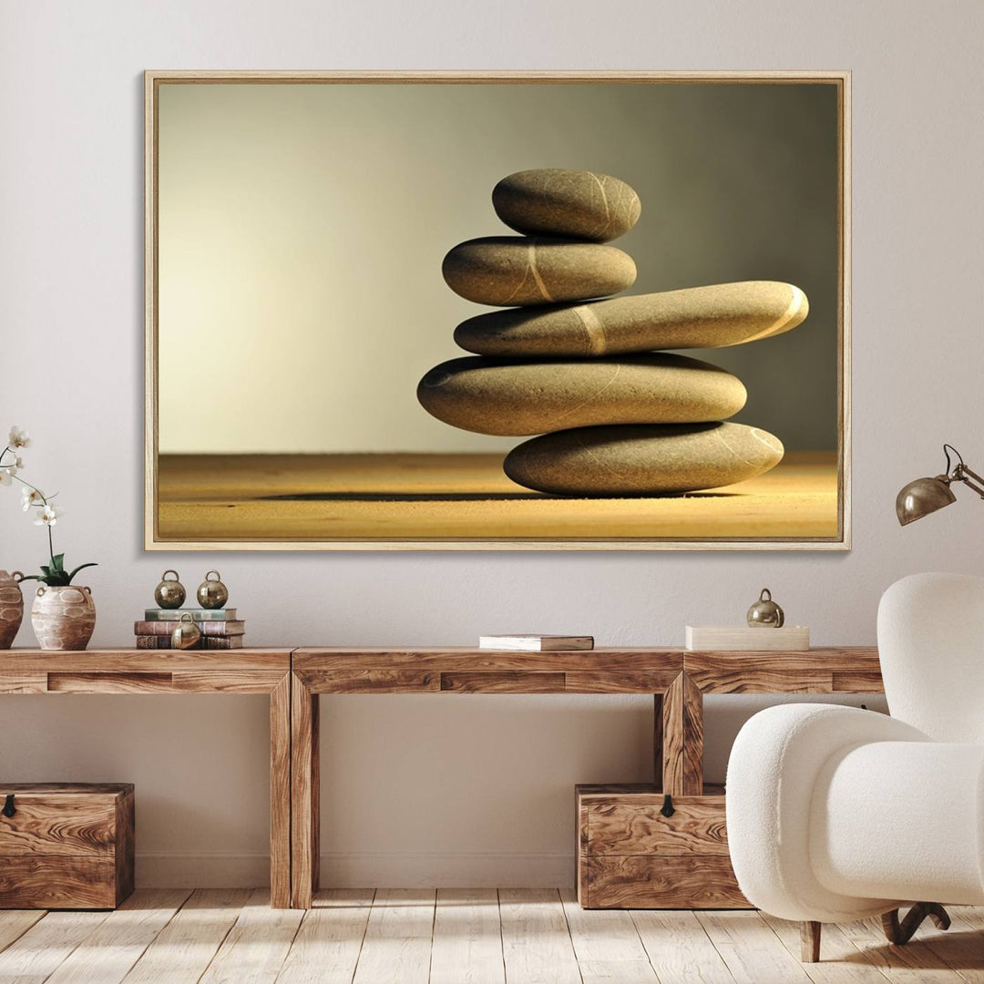 The Yellow Zen Stones on Yellow Background Wall Art is a striking feature in this minimalist kitchen.