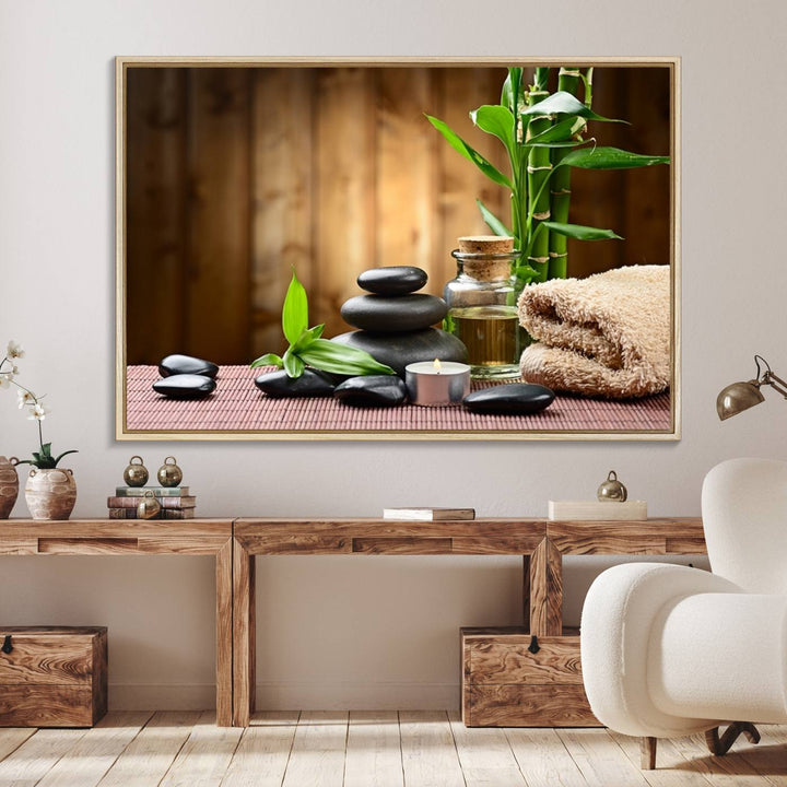 Zen Serenity Triptych Canvas Art: Pink Lotus Flower and Stones, Tranquil Water Lily Print, creating a peaceful spa ambiance.