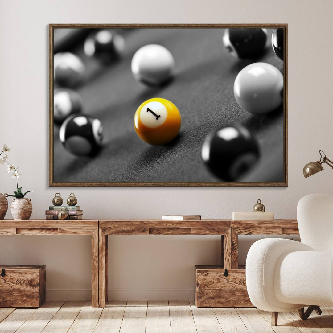 The Black and White Concept Billiard Balls Canvas Print elevates the space with museum-quality charm.