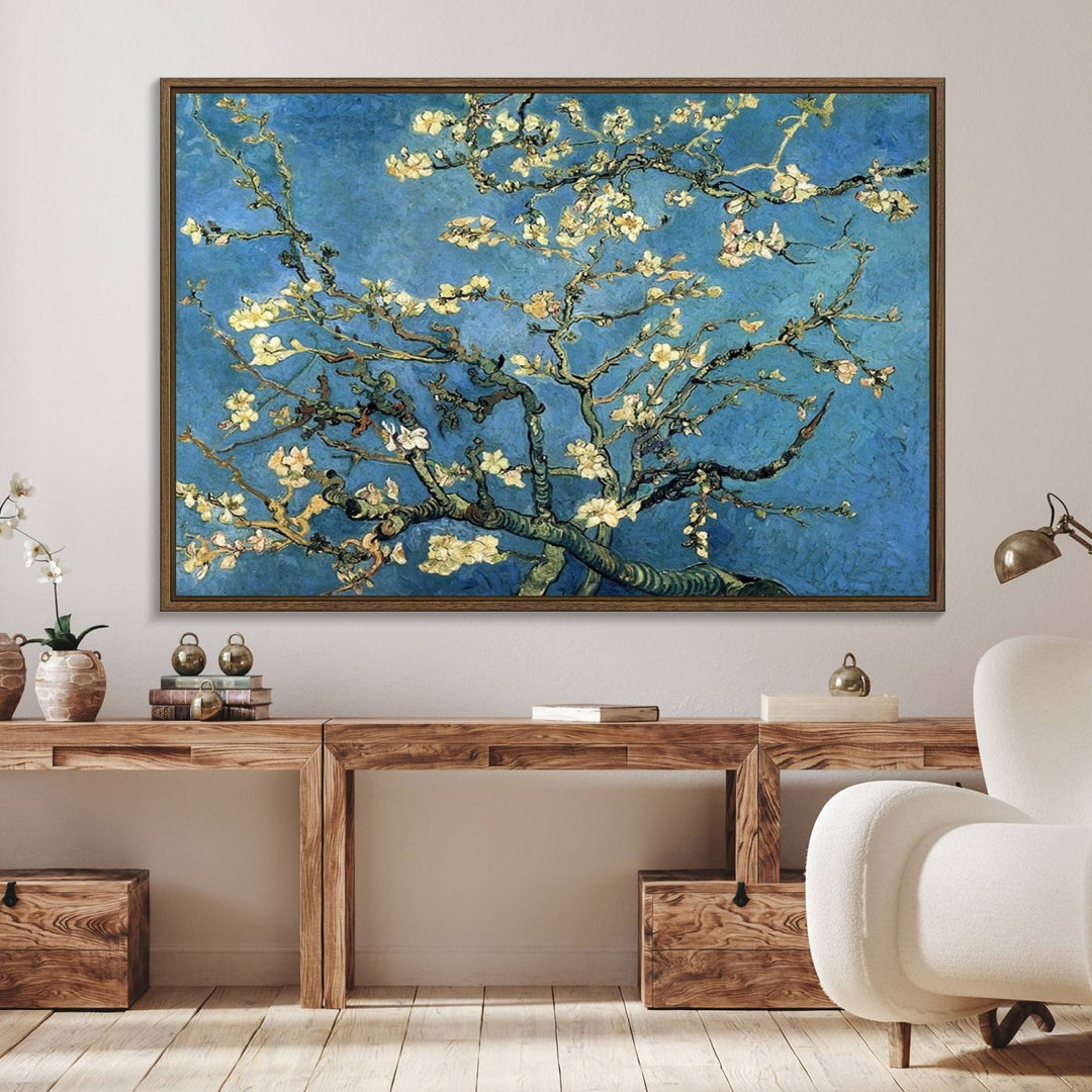 A Van Goghs Almond Blossom canvas print adds a touch of elegance to the wall.