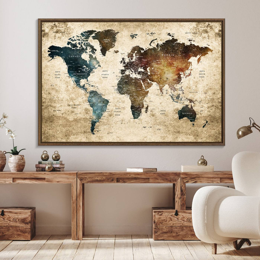 Vintage World Map Canvas Wall Art, perfect for antique-style decor, displayed against a light wood wall.