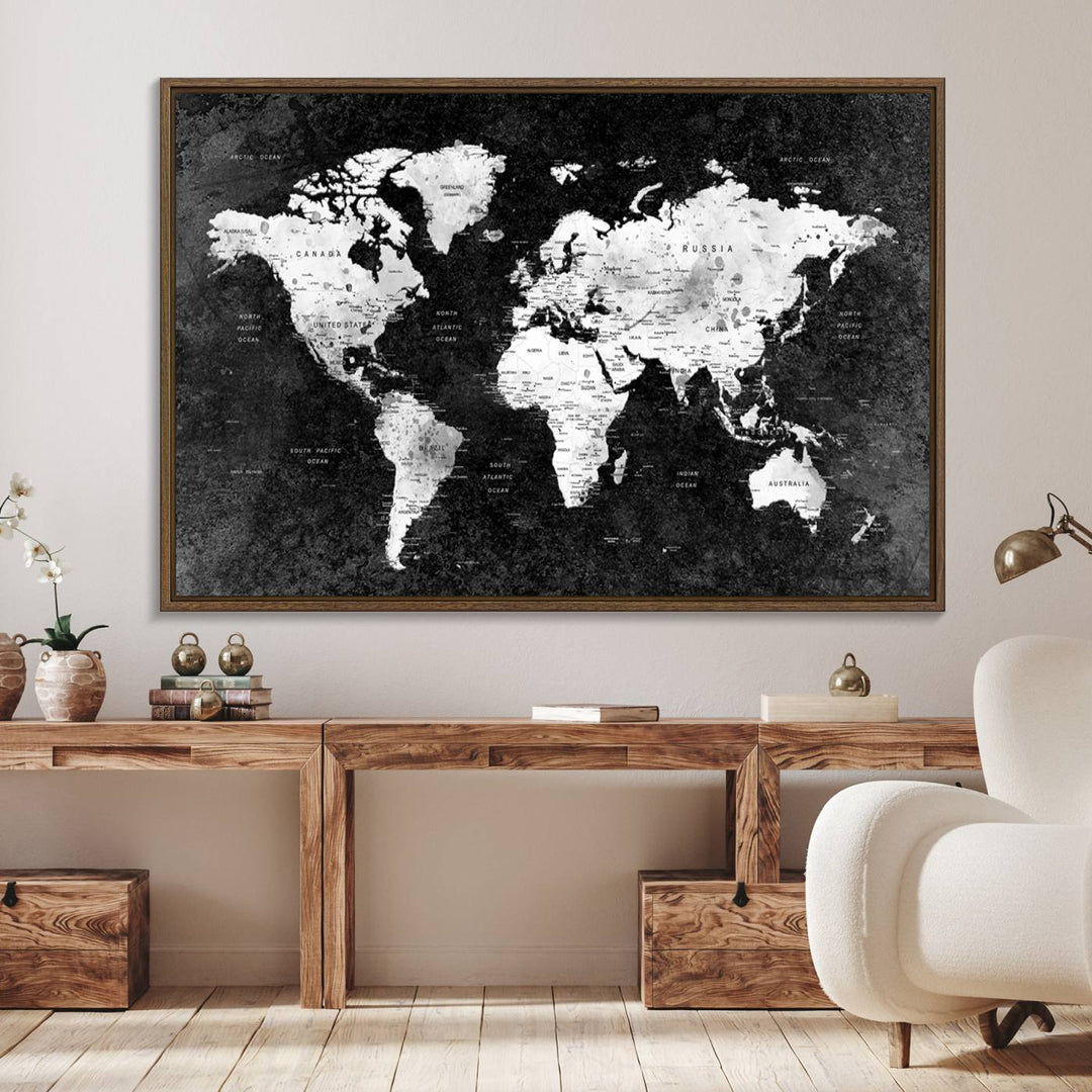 The dining room features a Modern Grayscale World Map 3-Panel Canvas Art as its focal point.