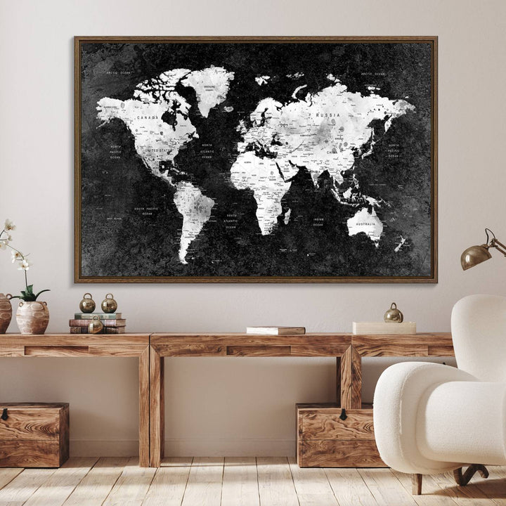 The dining room features a Modern Grayscale World Map 3-Panel Canvas Art as its focal point.