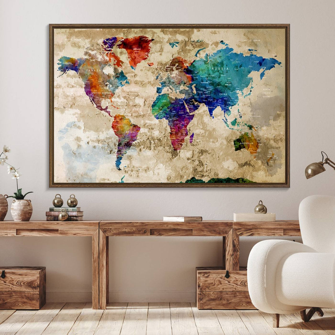 An Abstract Large Watercolor World Map Canvas Print hangs prominently.