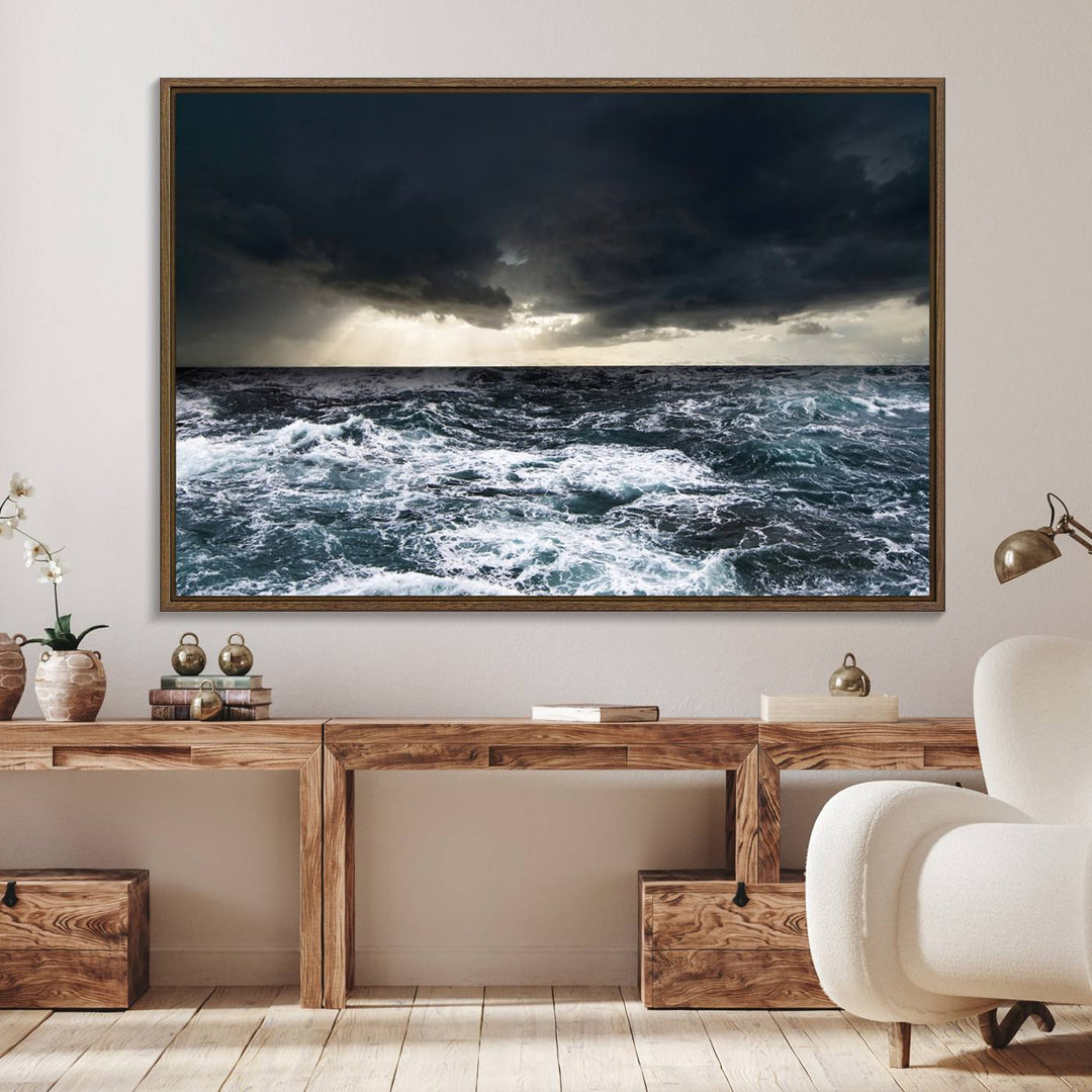 A Dark Clouds Stormy Sea canvas print, ready to hang, enhances the room.