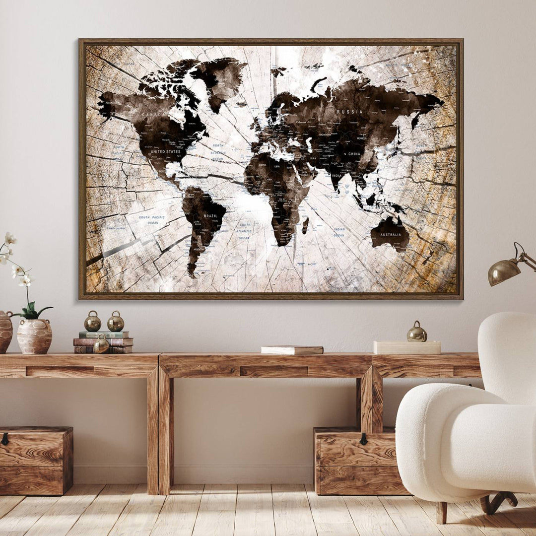 The Tree Ring World Map Canvas hangs above the table, blending into the nature-inspired setting.