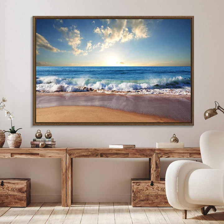 The dining room features a Coastal Tropical Beach Sunset canvas wall art.