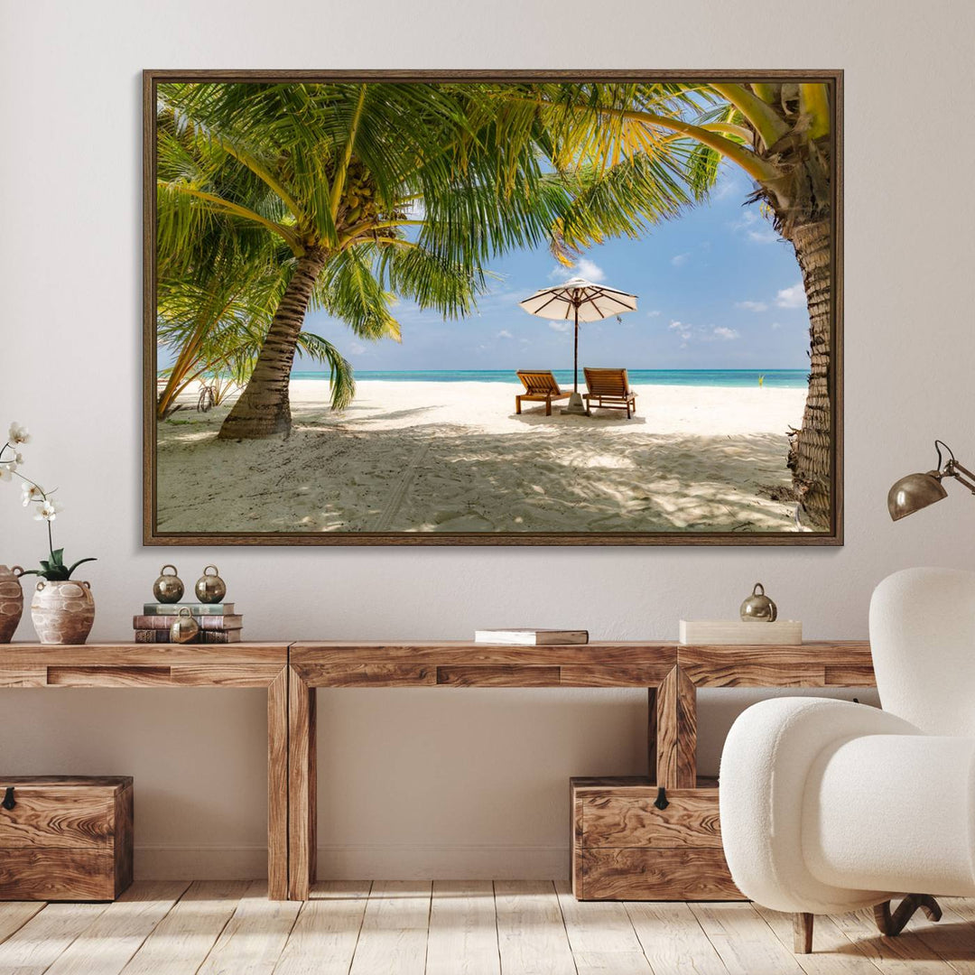 The canvas art print titled Lounge Chairs Palm Trees on Tropical Beach offers free shipping.