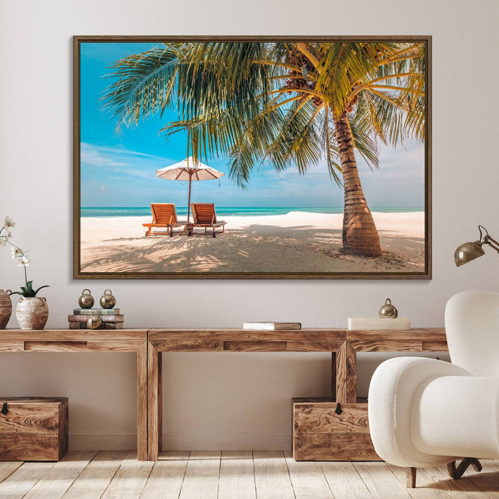 The 3-panel Tropical Beach Wall Art features palm trees and sun loungers, perfect for coastal decor.