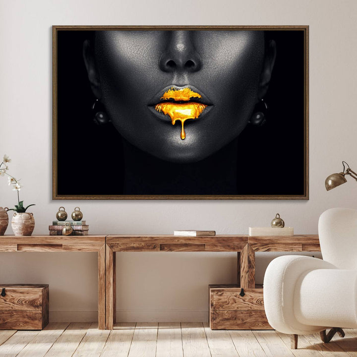 The Honey Gold Lips and Black Woman Photograph canvas print adds a striking touch to the room.