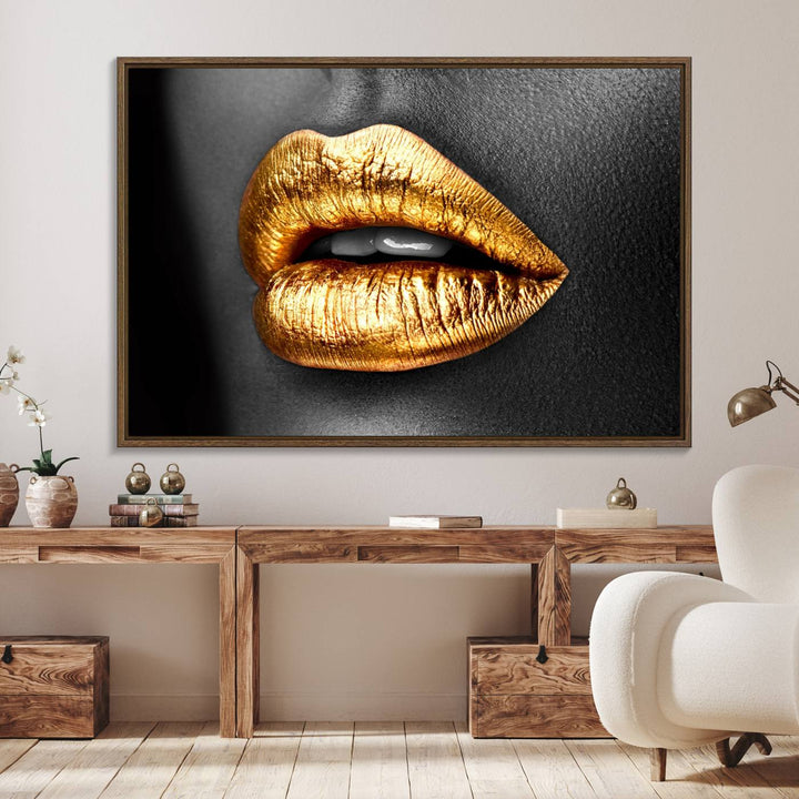 The Gold Lips Canvas Wall Art on a black background is showcased.