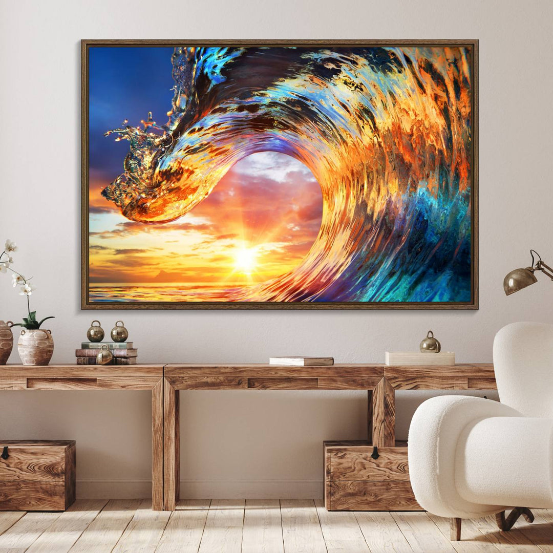 Wave Canvas Wall Art: A multi-panel sunset ocean scene that adds vibrant decor to any space.