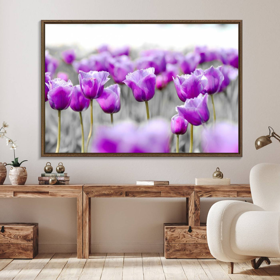 A gallery-wrapped Tulip Fields canvas wall art in a vivid purple hue.