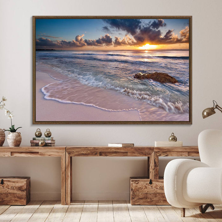 The room features a Sunset Beach Waves Canvas above the counter.