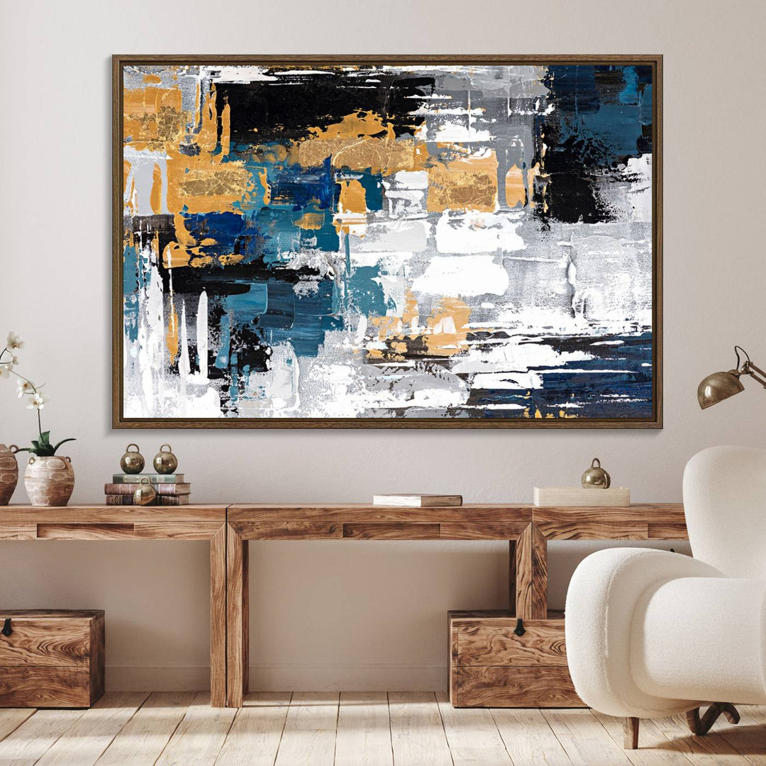 Blue and Gold Abstract Canvas Wall Art hangs prominently.