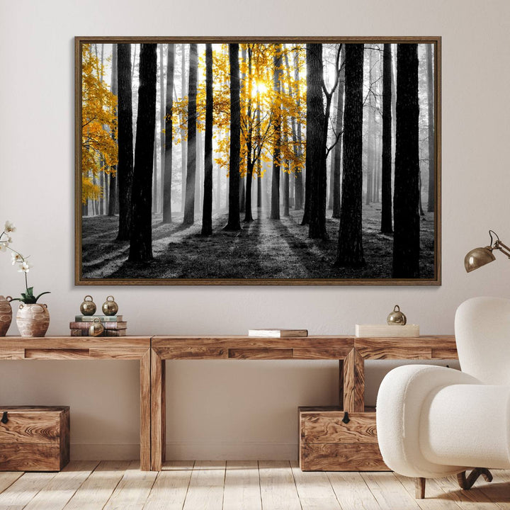 Nature Misty Foggy Autumn Forest Wall Art Print displayed above a modern dining room.