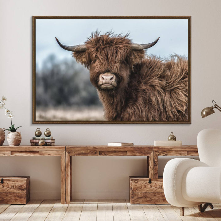 Fluffy Highland Cow Wall Art Canvas Print.