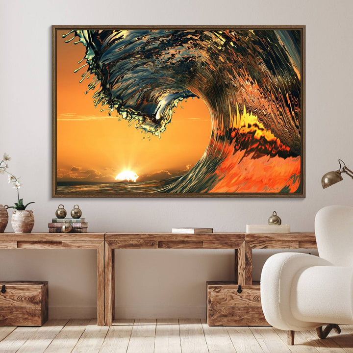 The Ocean Wave With Perfect Sunset canvas wall art adds a striking focal point to the room.