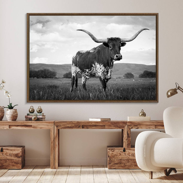 A Black and White Longhorn Texas Cow Canvas Wall Art.