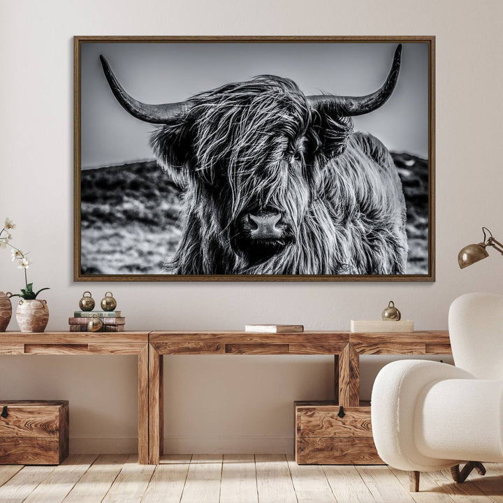 The Black and White Cow Wall Art Canvas Print is displayed.