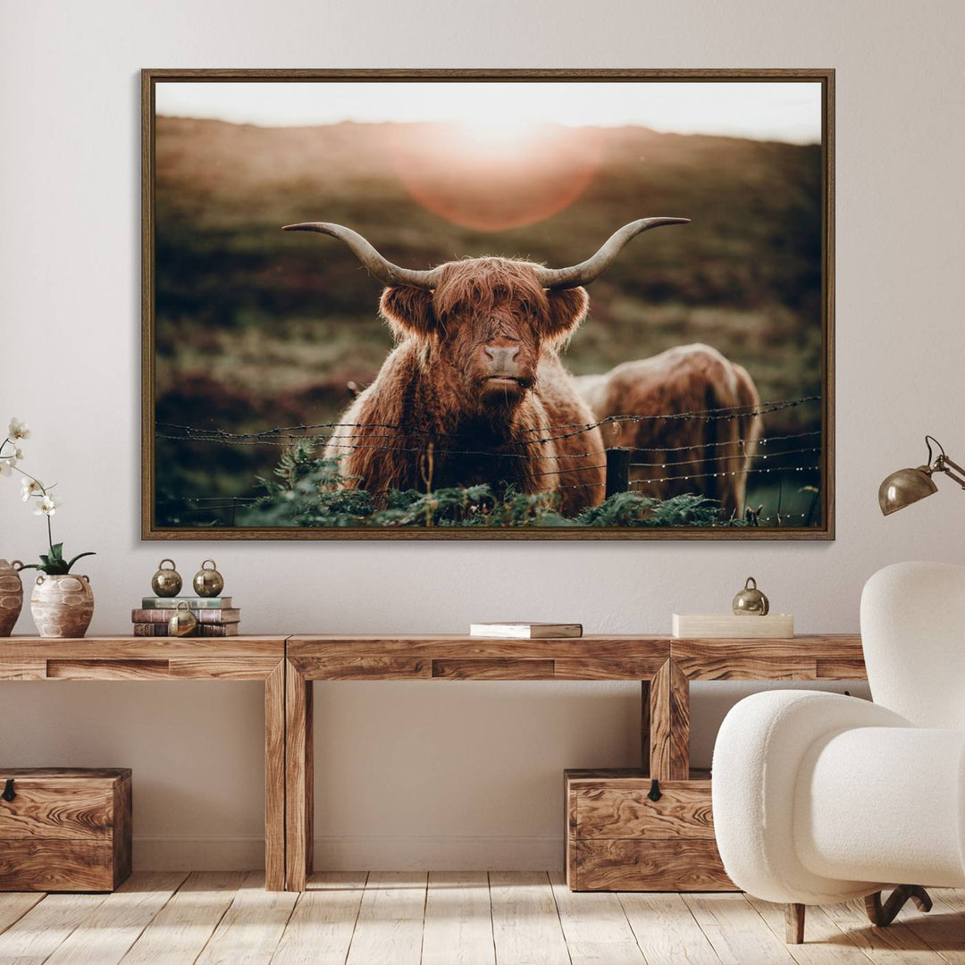 A Highland Cow Animal Canvas Wall Art, featuring a grassy field, is displayed on the wall.