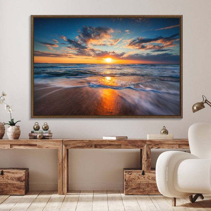 A museum-quality Beautiful Sunset over the Horizon canvas adorns the living room wall.